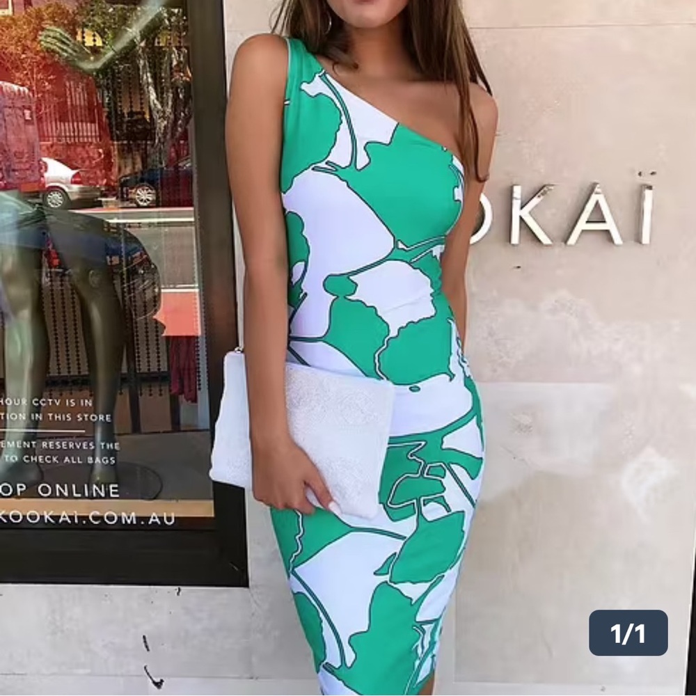 Kookai One-Shoulder Green Leaf Marmorata‎ Bodycon Midi Dress